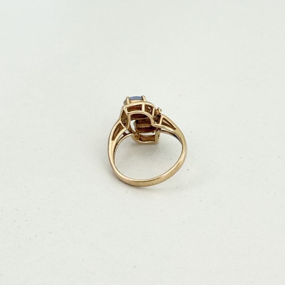 14K Yellow Gold Fire Opal 3 Stone Diamond Band Ring Size 6 - Picture 12 of 16